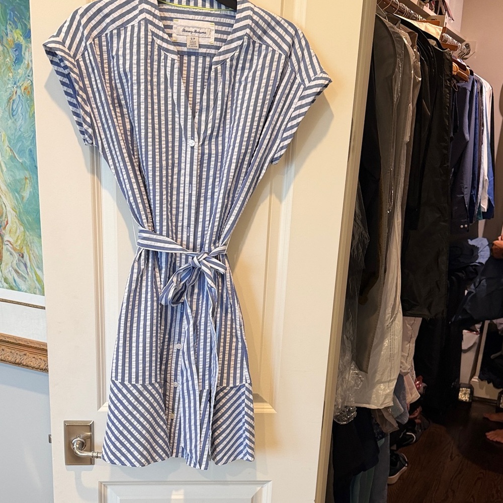 Tommy Bahama Blue and White Striped Button-Front Tie-Waist Mini Dress